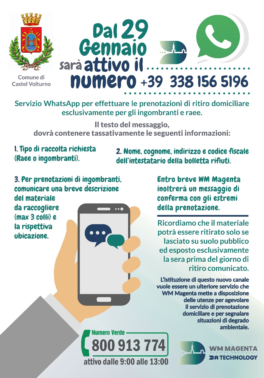 Servizio WhatsApp Per Effettuare Le Prenotazioni Di Ritiro Domiciliare Esclusivamente Per Gli Ingombranti E Raee